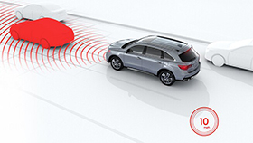 A four door SUV using its collision mitigation technology, sensing a vehicle ahead of it.  / VUS quatre portes qui détecte un véhicule devant grâce à sa technologie d’atténuation des collisions. 