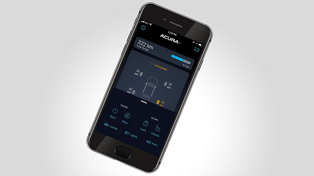 Cell phone in full view with the AcuraLink app open to the unlocked screen./Téléphone cellulaire bien en vue avec l'application AcuraLink ouverte sur l'écran déverrouillé.